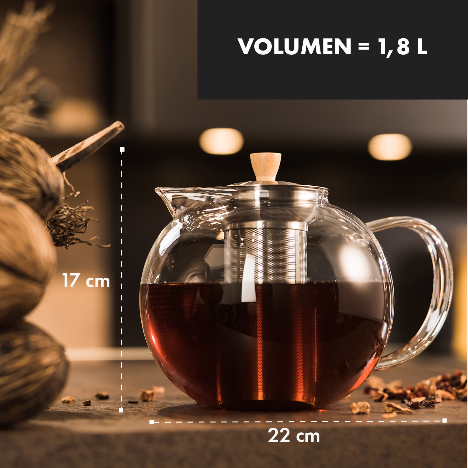 Sencha Teekanne 1,8 l Edelstahl-Siebeinsatz Borosilikatglas Deckel