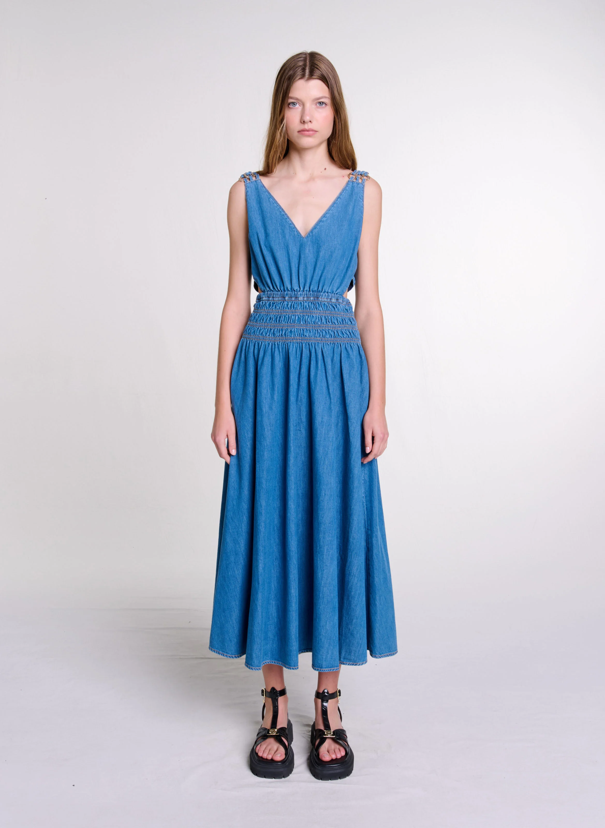 Robe longue ajourée en denim | Bleu