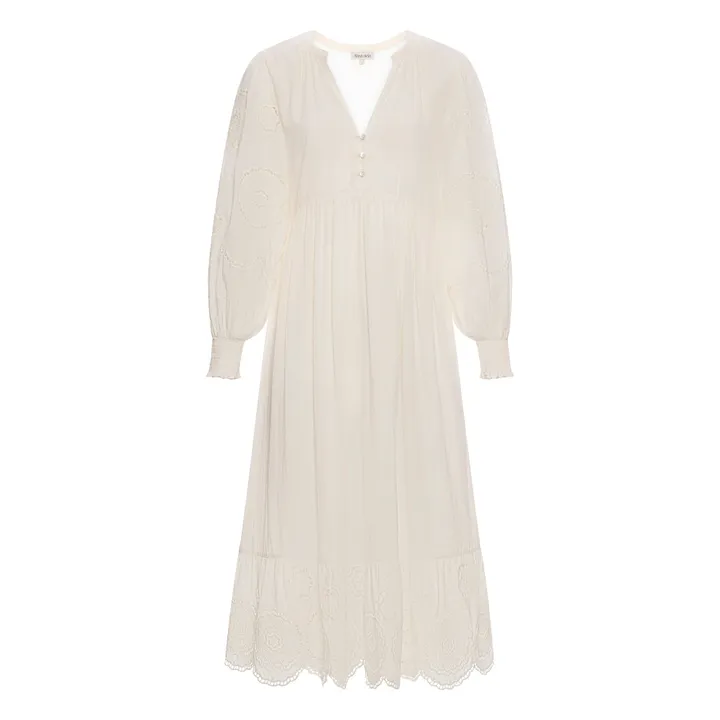 Alma Deia Robe Brodé Manches Longues en Coton Bio | Blanc cassé