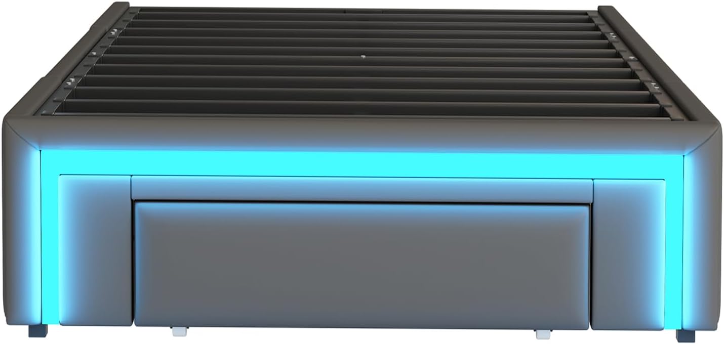 okwish Polsterbett 90x200 cm Einzelbett, Jugendbett Funktionsbett mit 2 Schubladen & LED-Lichtleiste, Gepolstertes Metallbett Bettgestell mit Lattenrost aus Metalllatten, PU-Leder Grau, Ohne Matratze