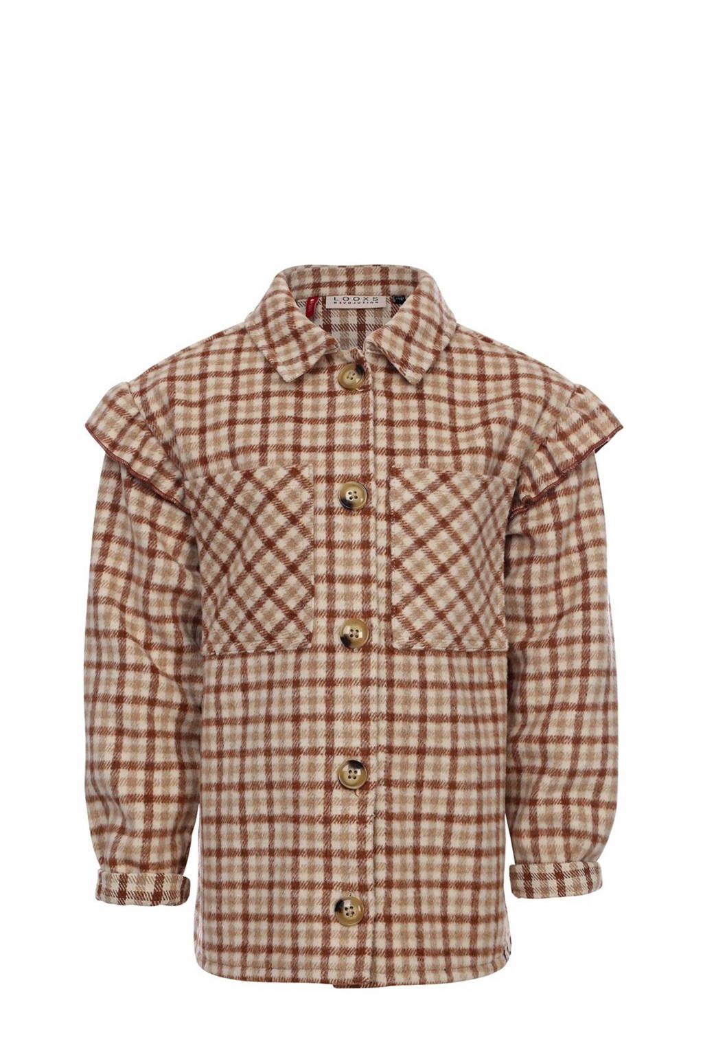 LOOXS geruite fleece shacket tussenjas lichtbruin/bruin