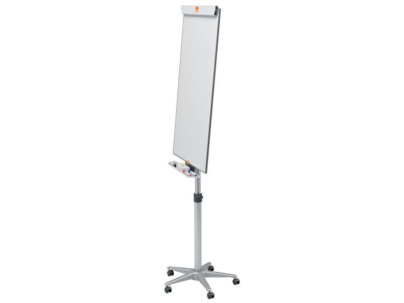 Nobo Impression Pro Flipchart Mobil Stahl, magnethaftend Die mobile Flipchart mit Stahloberfläche hat einen unscheinbaren Rahmen und eine Stiftehalterung.