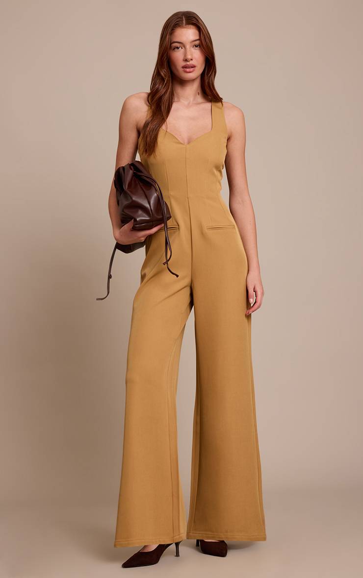 Vert Olive Combinaison-pantalon Large Tissée À Col V Avec Détail De Poches