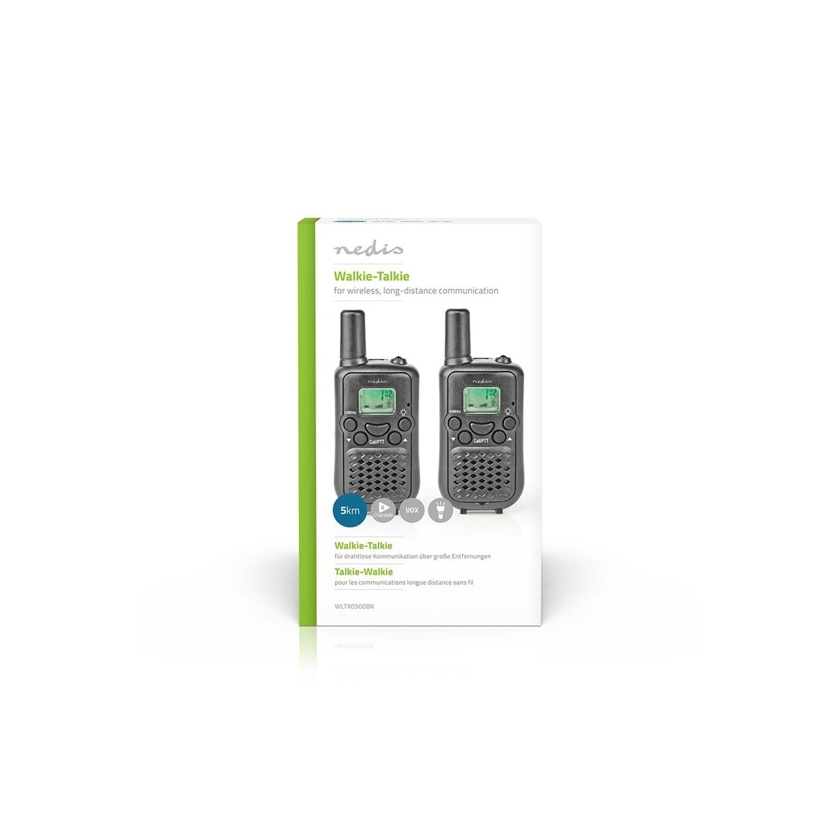Nedis Walkie-Talkie Set | 2 håndsett | Opp til 5 km | Frekvens kanal: 8 | PTT / VOX | Opp til 2.5 timer | Sort