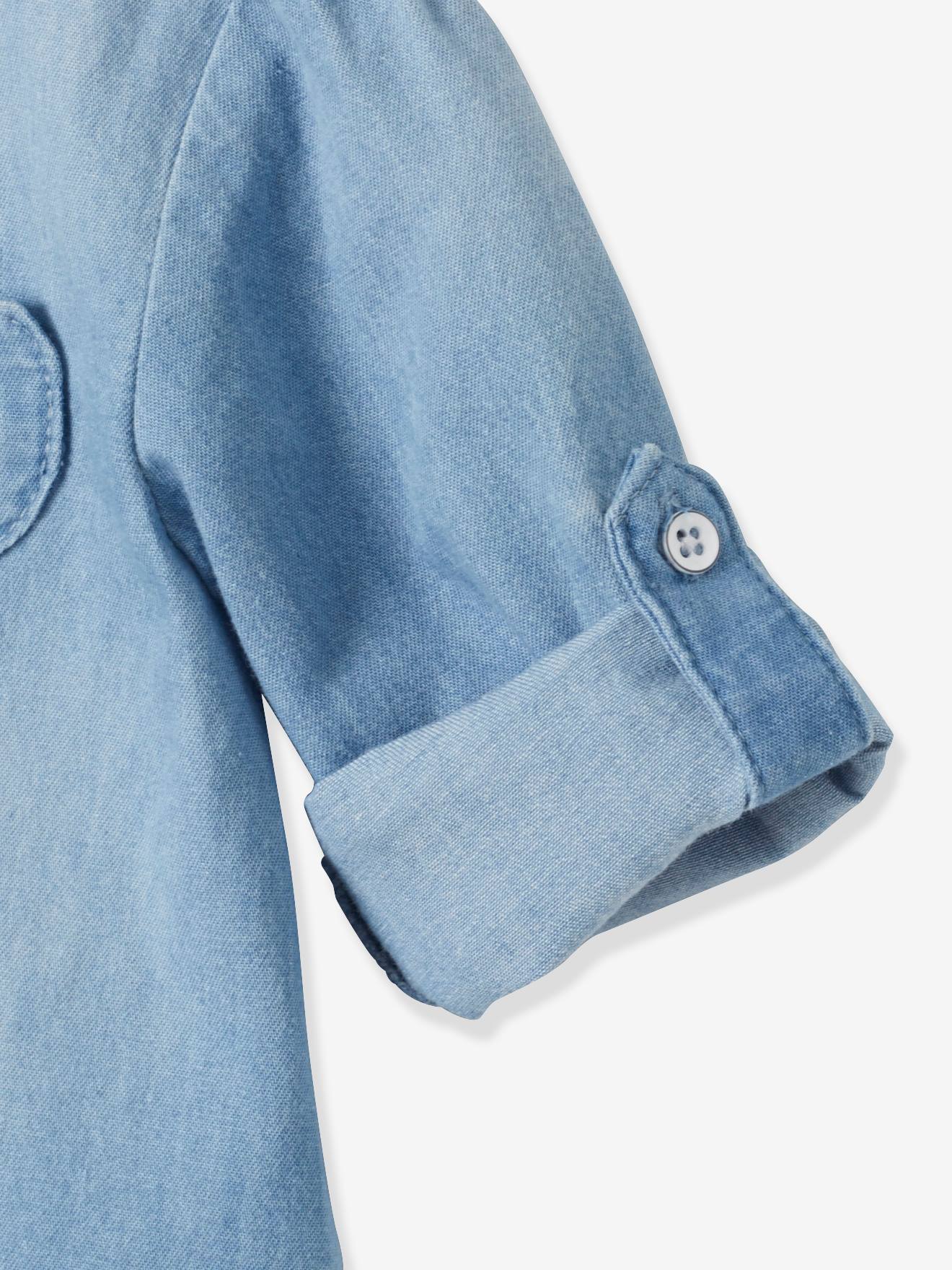 Camisa jeans lavada, personalizável, para bebê menina, lavagem azul clara