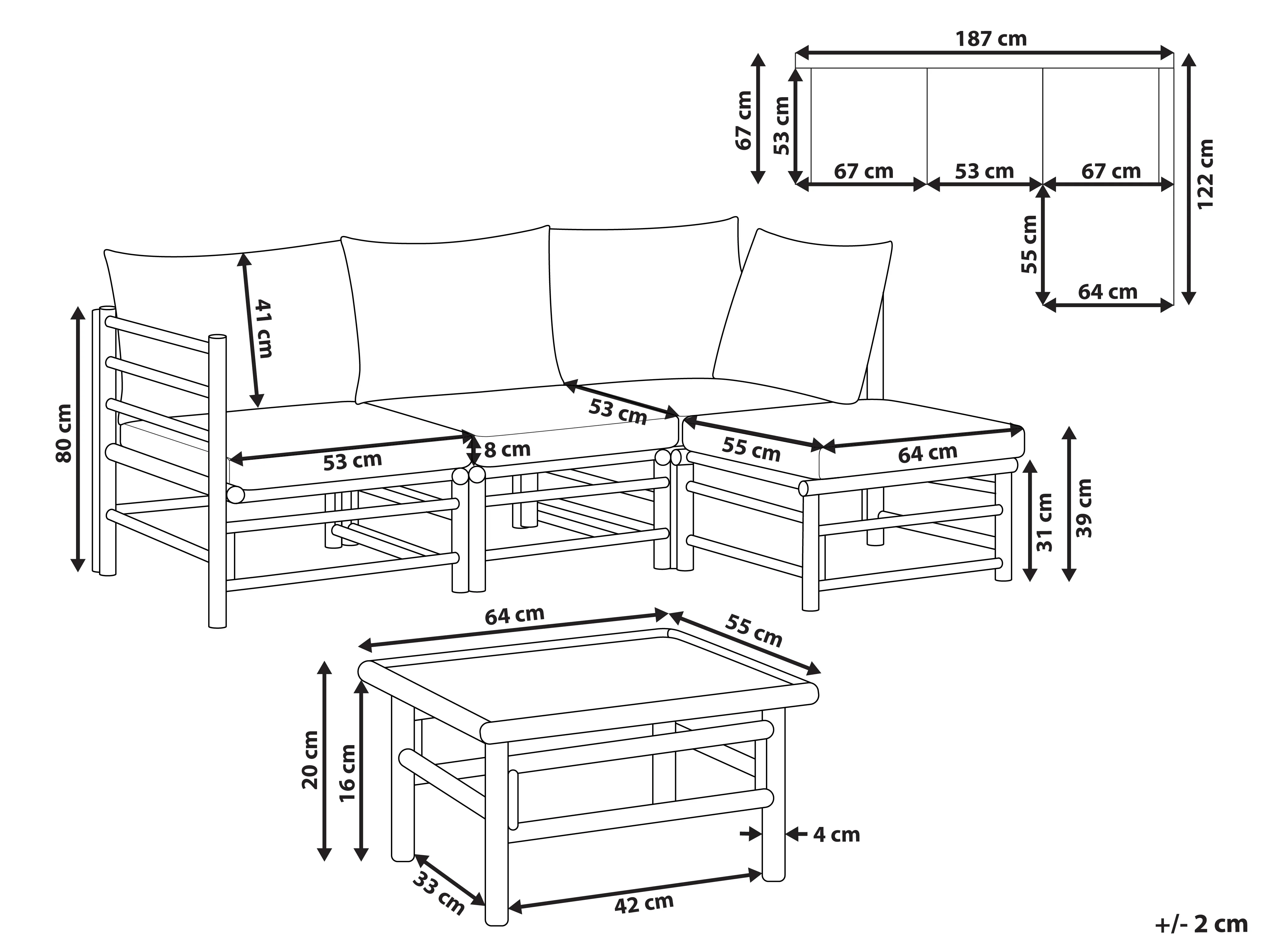 Tuin hoekloungeset met tafel 4-zits CERRETO linkszijdig Bamboehout Gebroken wit