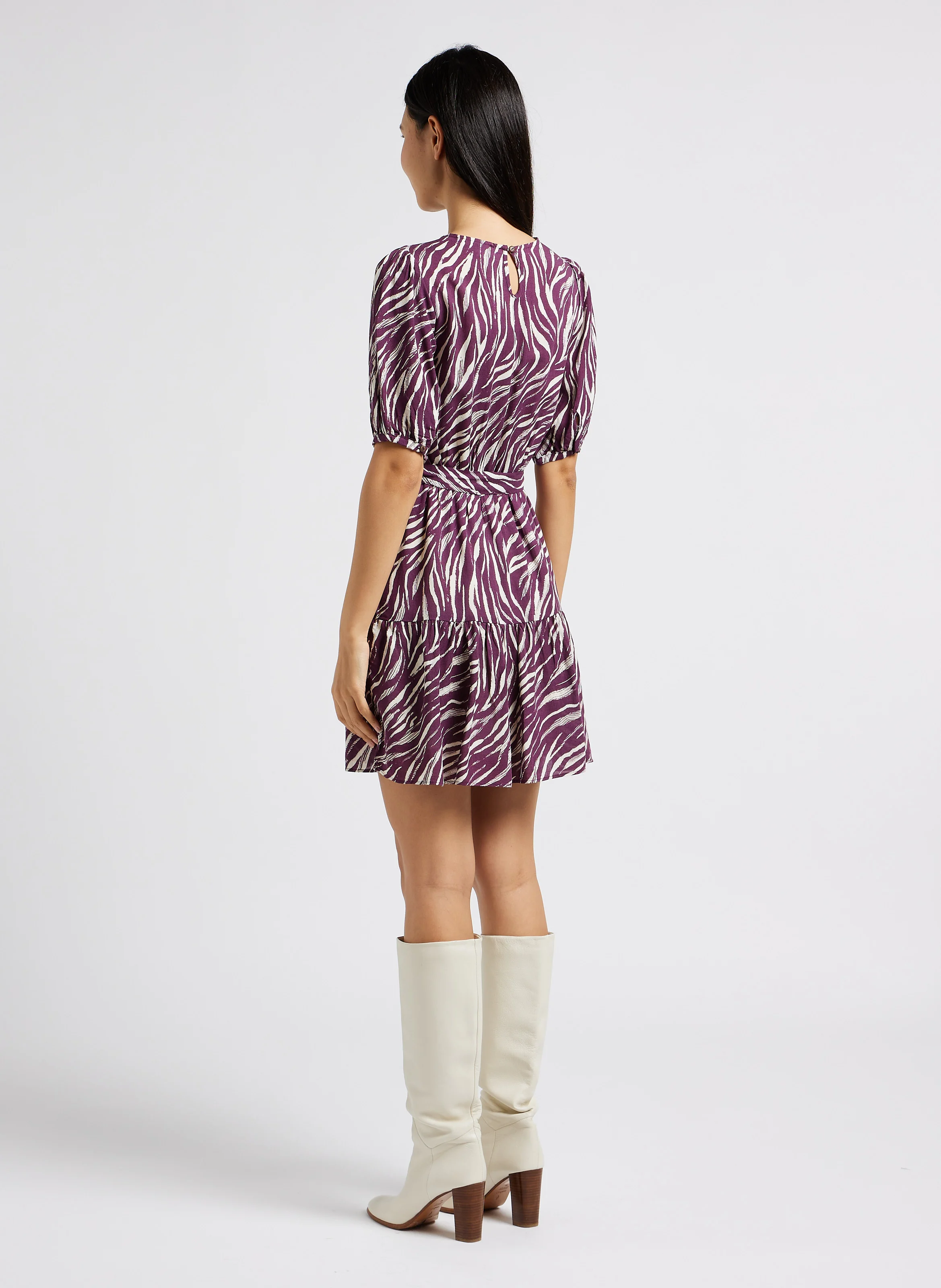 LAUREN - Robe courte droite col rond à imprimé | Rose