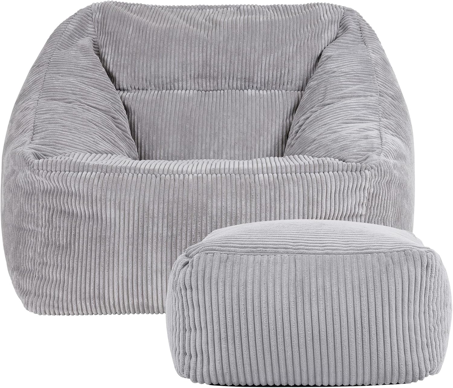 Icon Natalia Sitzsack Sessel mit Hocker für Erwachsene, Grau, Flauschiger Cord Stoff, Riesen Sitzsack Cord mit Füllung, Bean Bag Chair, Bequemer Sessel Wohnzimmer, Lounge, Schlafzimmer, Büro