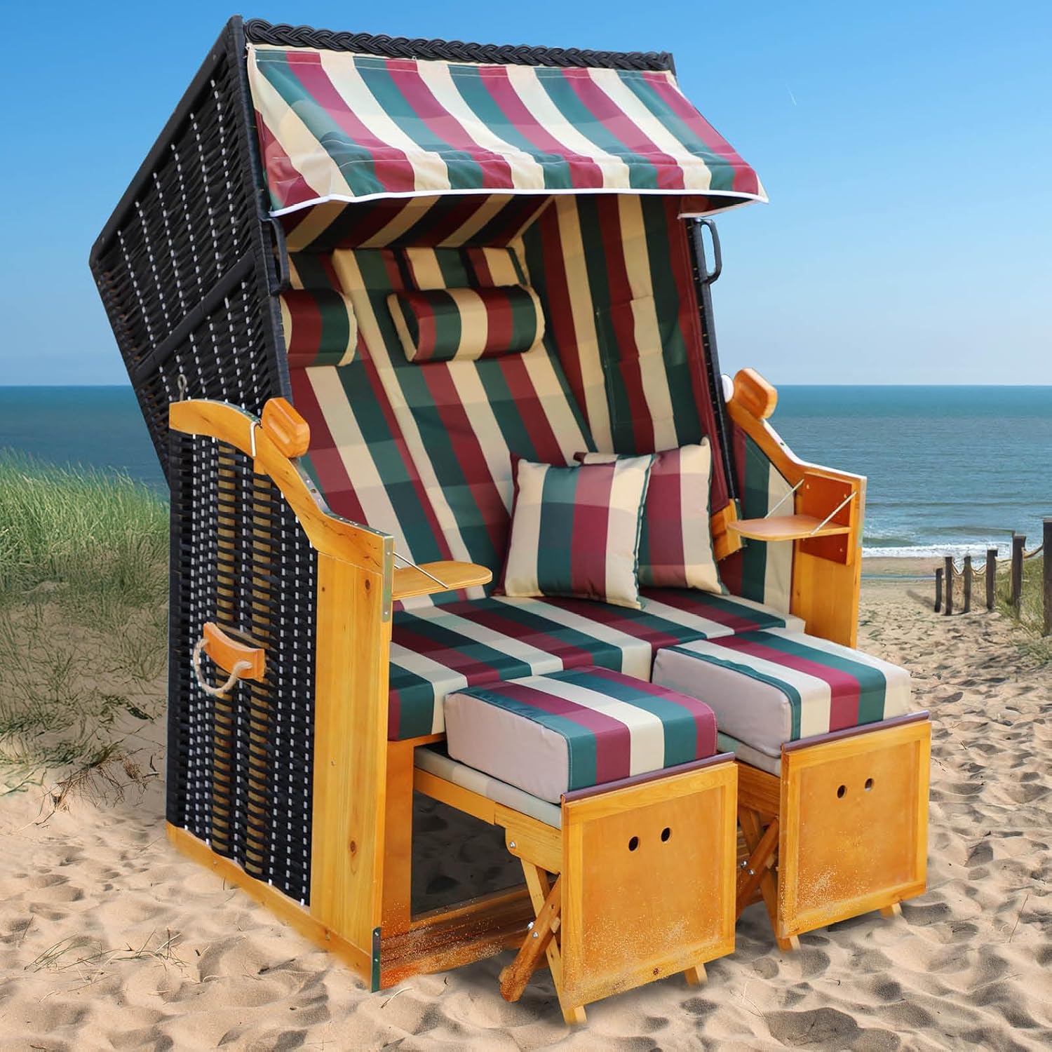 BRAST® Strandkorb Rügen Deluxe | für 2 Personen | 120cm breit | 5 Designs | inkl. wetterfeste Abdeckhaube | verstellbare Rückenlehne weiches Fußkissen | Rot/Grün/Beige - kariert