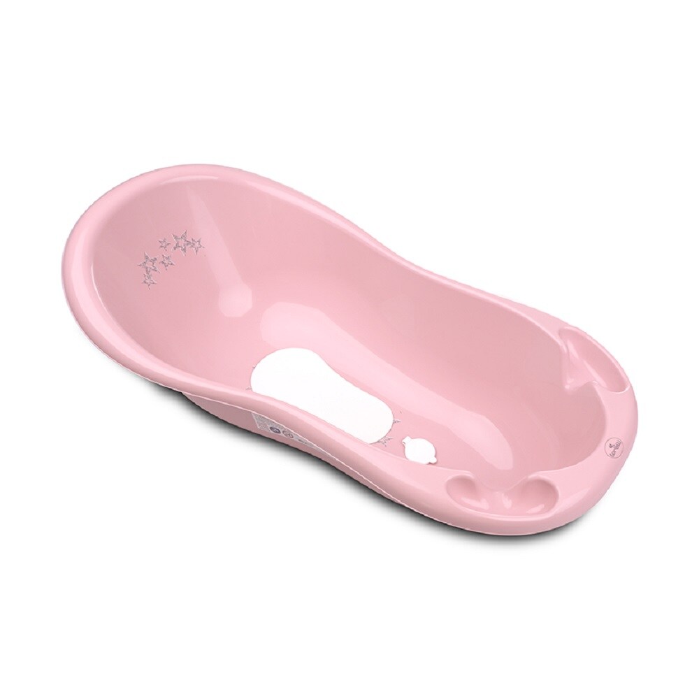 Lorelli Baby Badewanne 100 cm mit Anti-Rutsch-Matte, Wasserablauf, Ablagefächer rosa Sterne