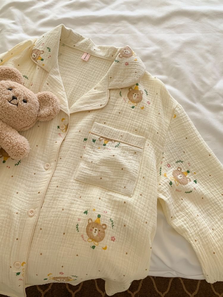 Tanee - Bijpassende pyjamaset voor koppels: shirt met lange mouwen en berenprint + broek met rechte pijpen (verschillende ontwerpen)