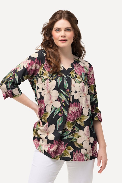 Bluse, Blüten, A-Linie, Tunika-Ausschnitt, 3/4-Arm
