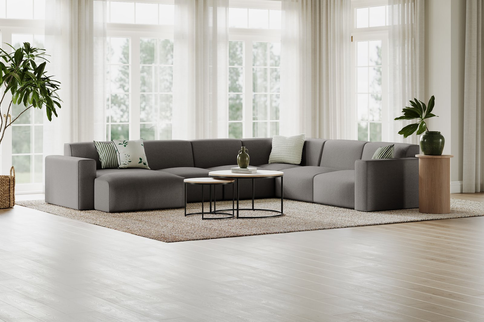 Styl U-sofa Sjeselong venstre, 2-seter og 2-seter høyre. Tekstil Lombardo 3/3 Warm Grey med sorte ben.