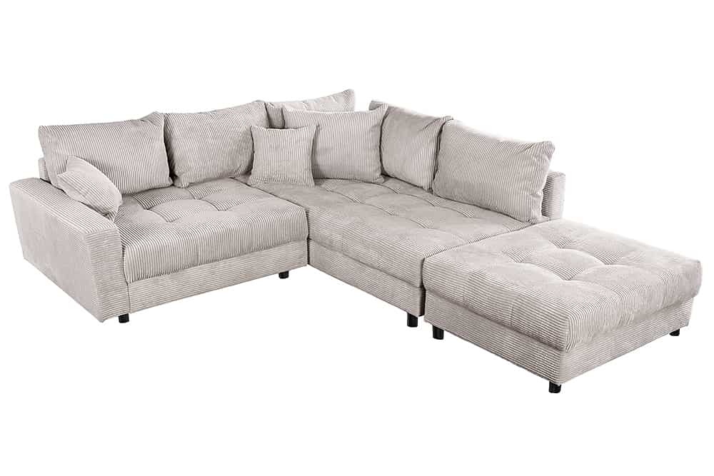 Modernes Ecksofa KENT 220cm beige Cord inkl. Hocker Federkern L-Form Wohnlandschaft