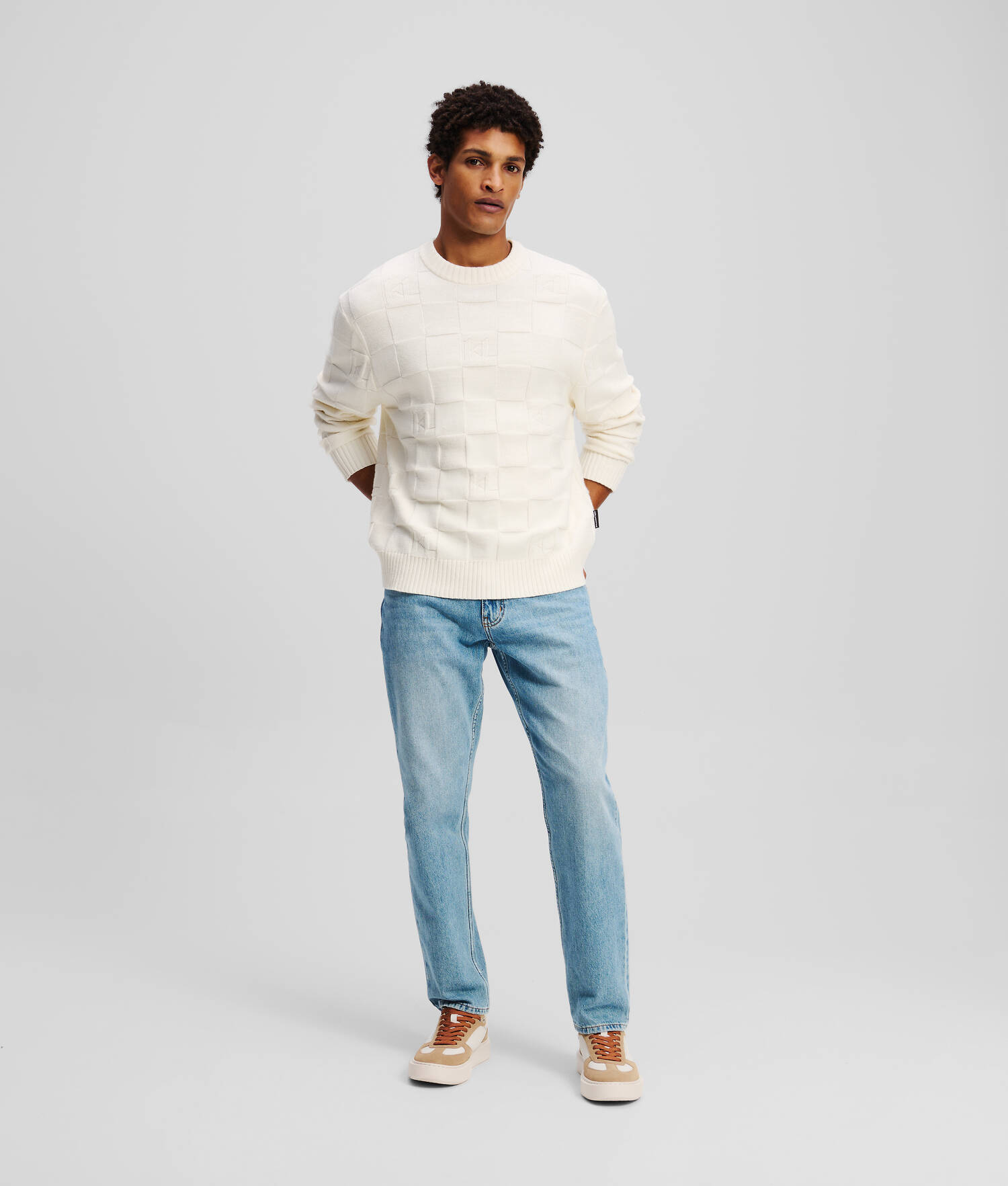 PULL À CARREAUX KL MONOGRAM - Crème Cannoli