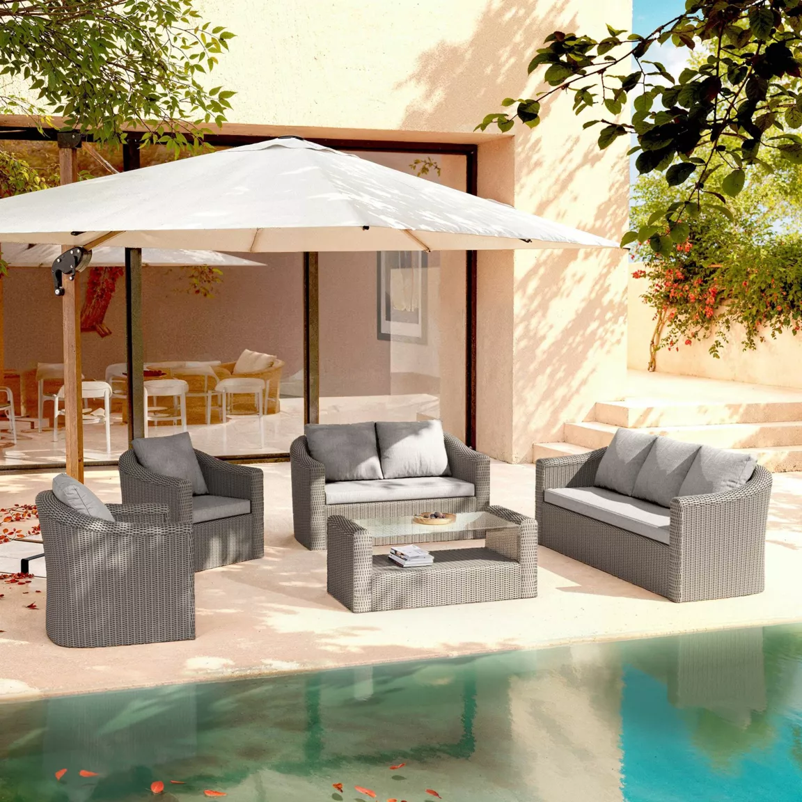 Salon de jardin en résine tressée 7 places 5 pcs Calvi Gris et gris clair