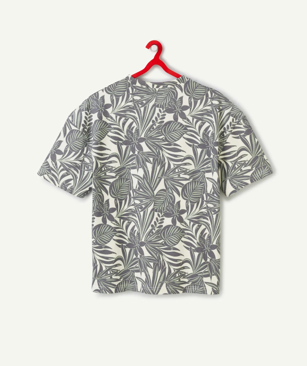 t-shirt garçon en coton bio imprimé feuillage vert et gris