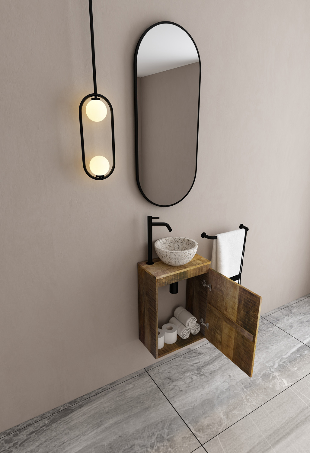 MD Interior Bello toiletmeubel mangohout met zwart-witte terrazzo waskom rechts