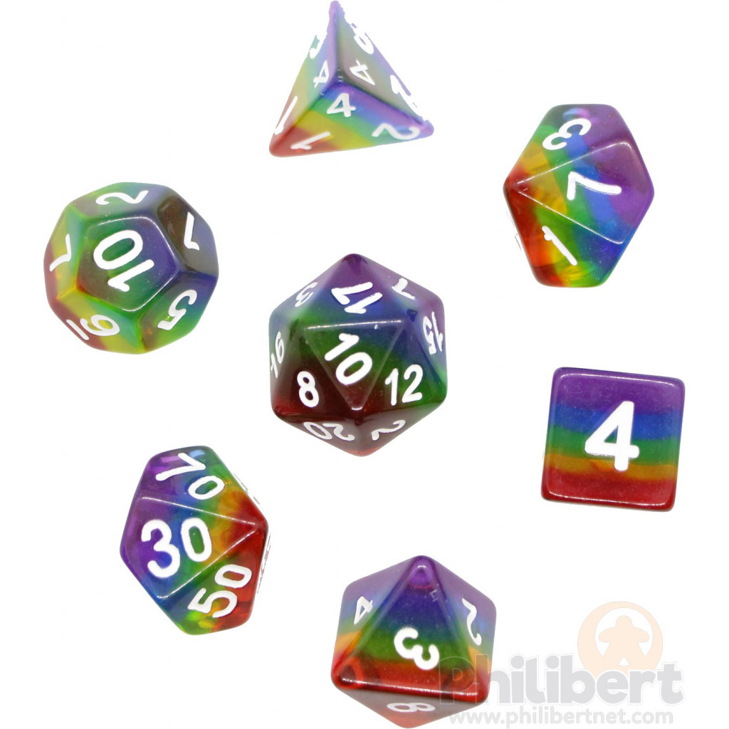 Set de dés JDR - Transparent - Arc en Ciel et Blanc