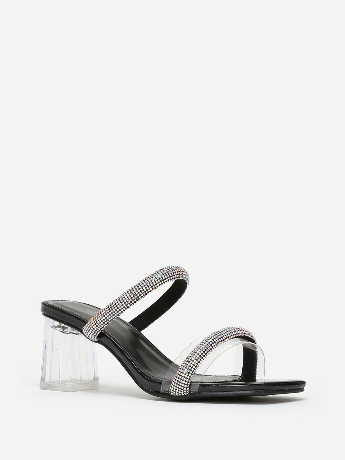 Mules à talon transparent et strass- Noir