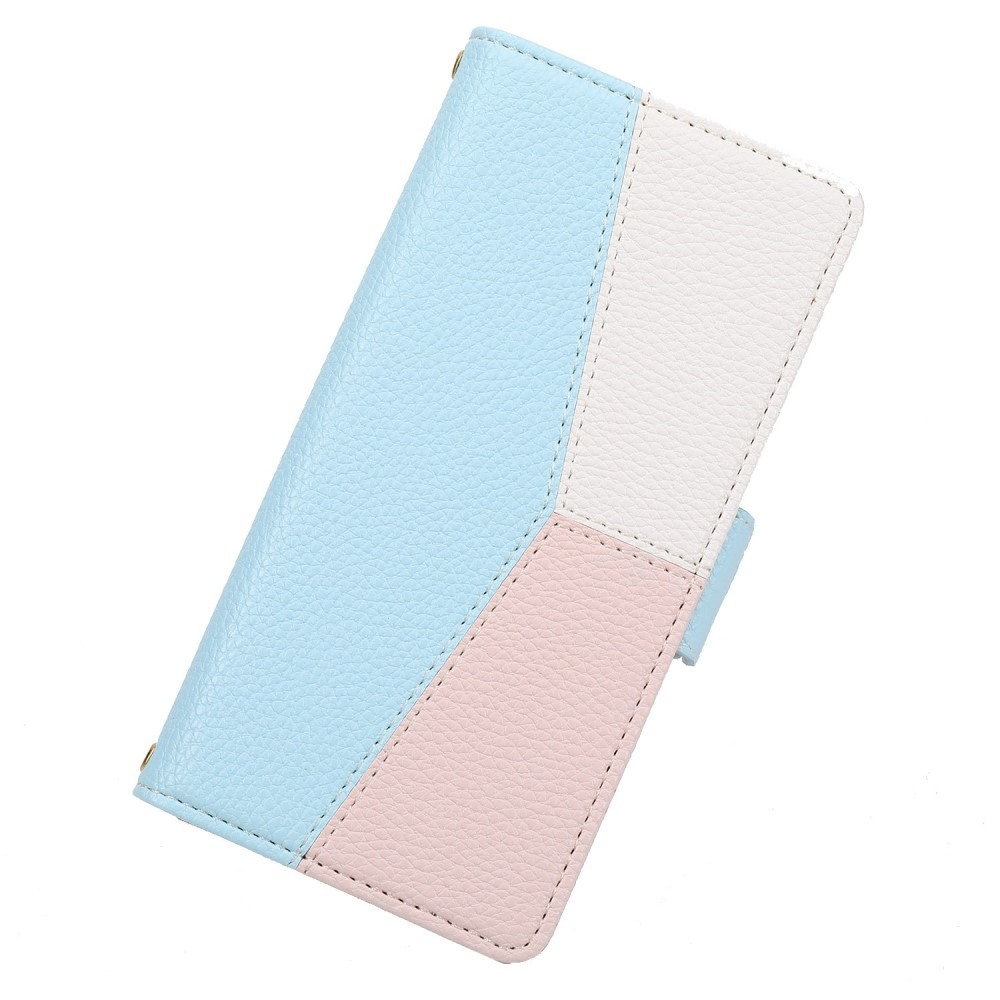iPhone 12 / iPhone 12 Pro Leder Tasche Flip Cover Litchi Look mit Kartenfächern Geometrisches Design - Blau / Rosa / Weiss