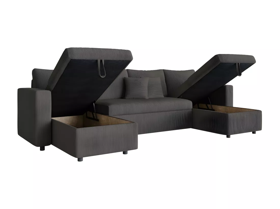 Canapé panoramique 6 places Maria convertible avec 2 coffres en velours côtelé - Gris anthracite - L295 x P146 x H81cm - Loungitude