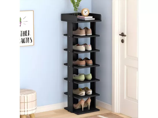 Meuble à chaussures PVC 7 Niveaux,Armoire à Chaussures avec étagère réglable pour Entrée,Salon,Chambre - 26x25x96cm - Noir