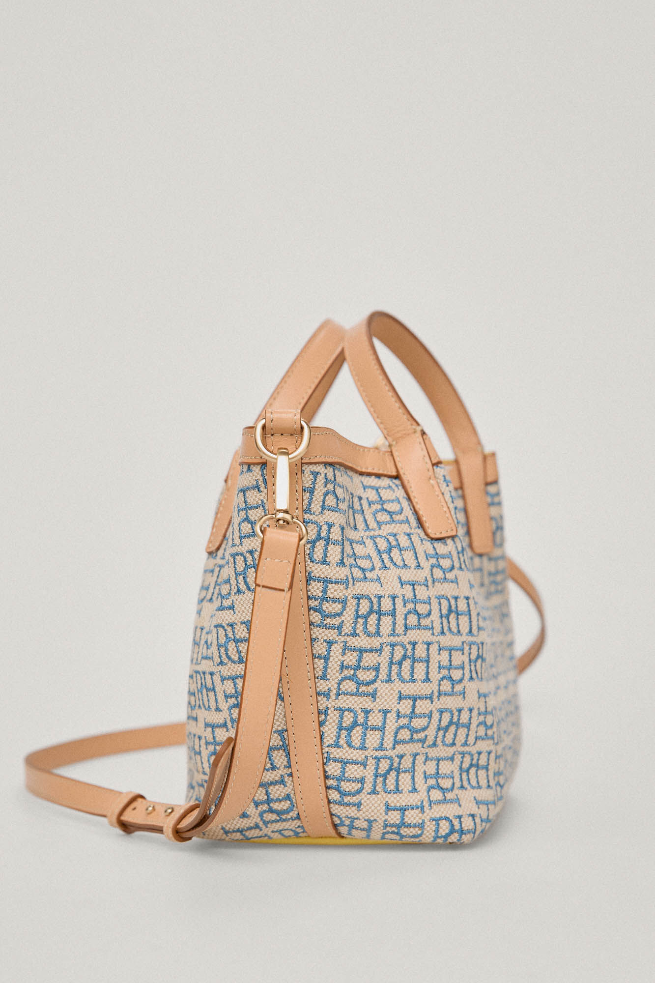 Mini bolsa shopper em jacquard com logo e detalhes em couro - Turquesa