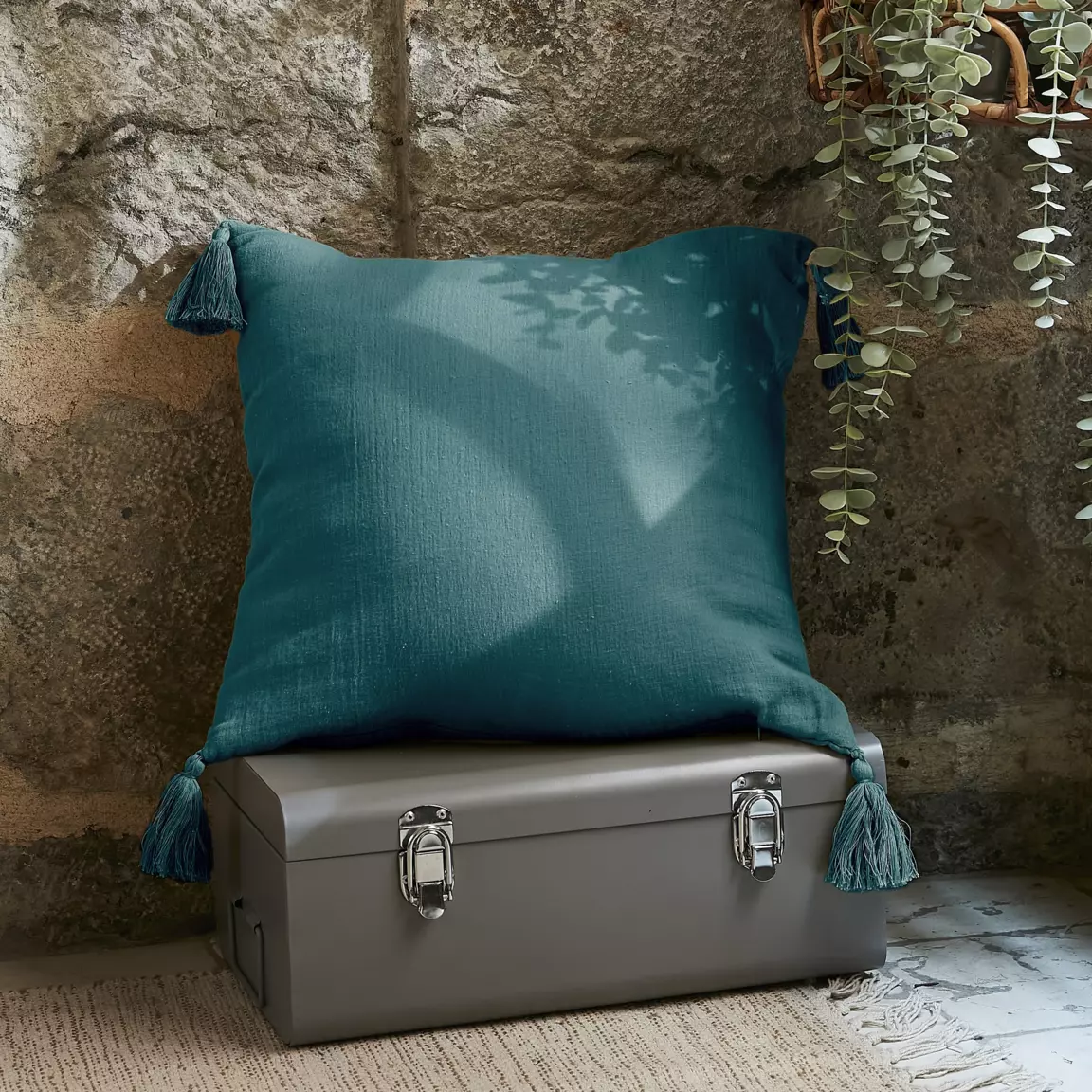 Coussin carré gaze de coton (40 x 40 cm) Gaïa Bleu canard