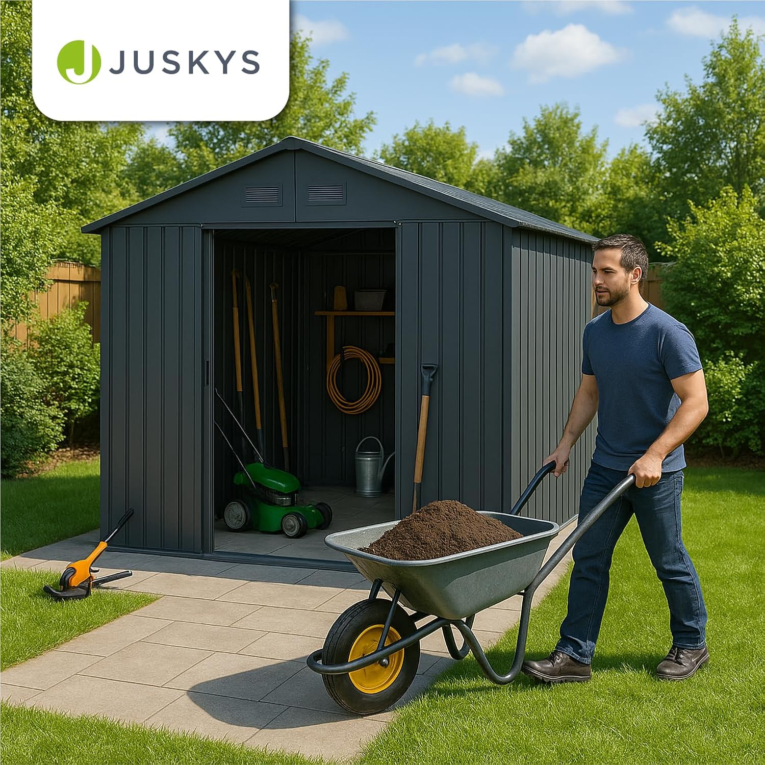 Juskys Metall Geräteschuppen XL – Dunkelgrau, wetterfest mit Fundamentrahmen, Schiebetür & abschließbar - für Garten & Aufbewahrung
