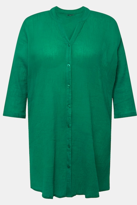 Longbluse, Krepp, Stehkragen, V-Ausschnitt, 3/4-Arm