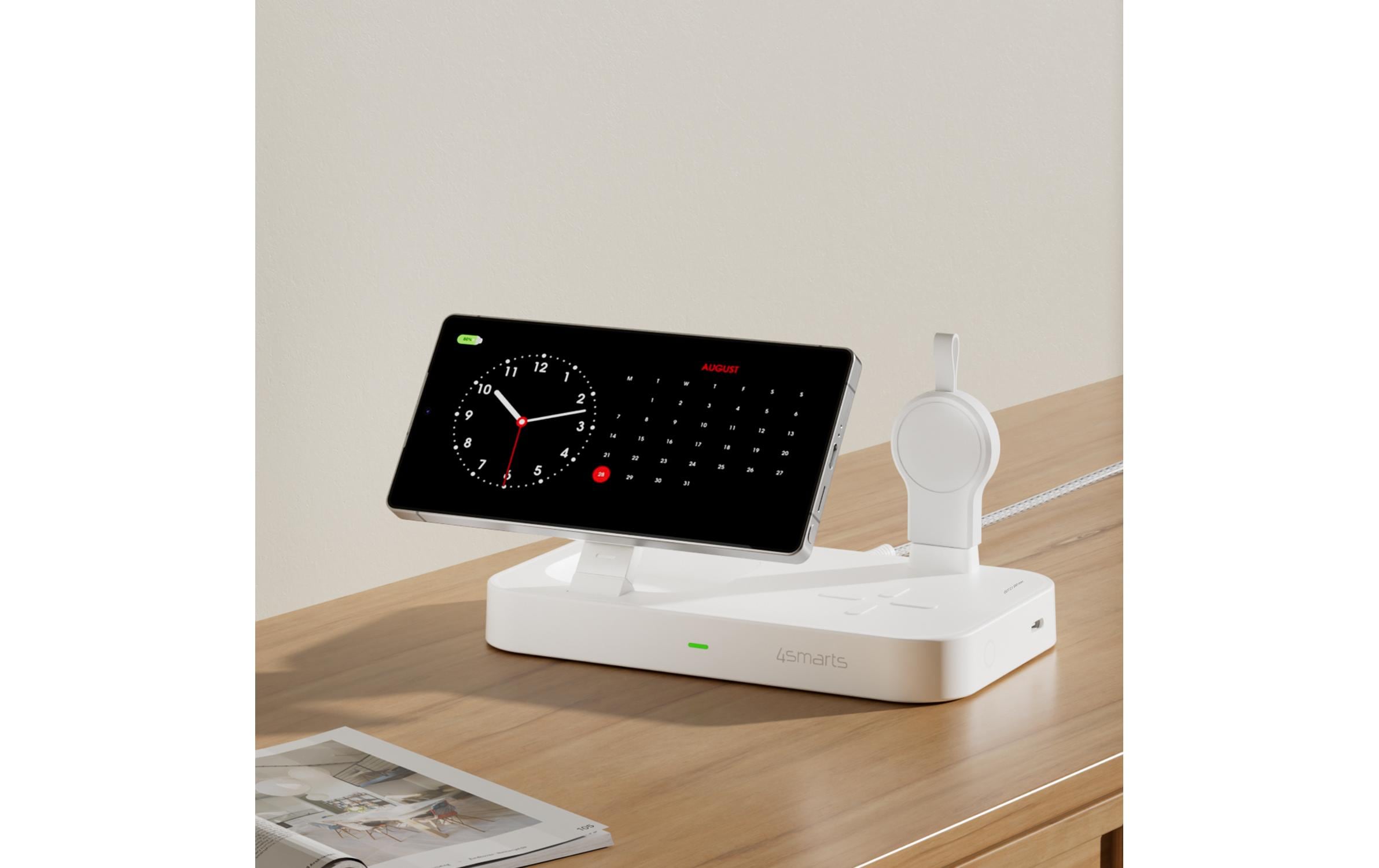 Qi2 Ladestation Trident mit Charger für Samsung Watch, weiss<br>Qi2 Ladestation Trident mit Charger für Samsung Watch, weiss, Magnetische Befestigung, Qi-Ladegerät, UltiMag-Ring im Set enthalten, Faltbar