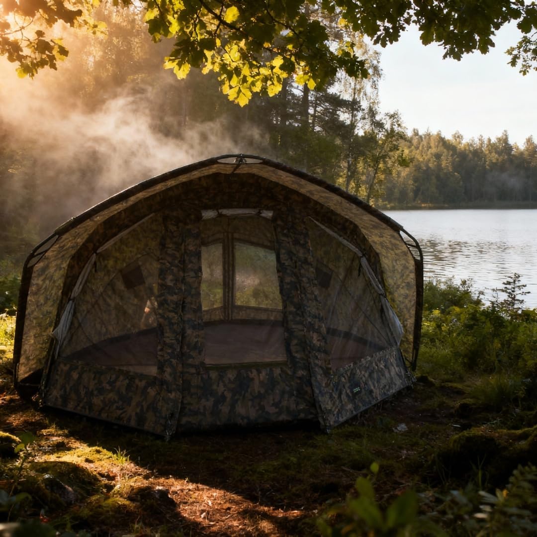 MK-Angelsport Fort Knox 2.0 Ghost 3-4 Personen Angelzelt | Innenhöhe 1,9m | BxTxH : 3,54 m x 3,75 m Karpfenzelt Dome | wasserfestes und temperaturstabiles Angelzelt, inkl. Gummihammer 1-2