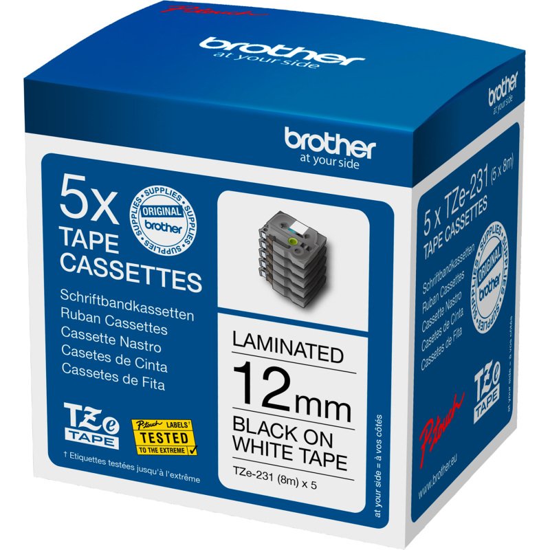 Pack de 5 rubans laminés Brother 12 mm TZE 231 blanc écriture noir