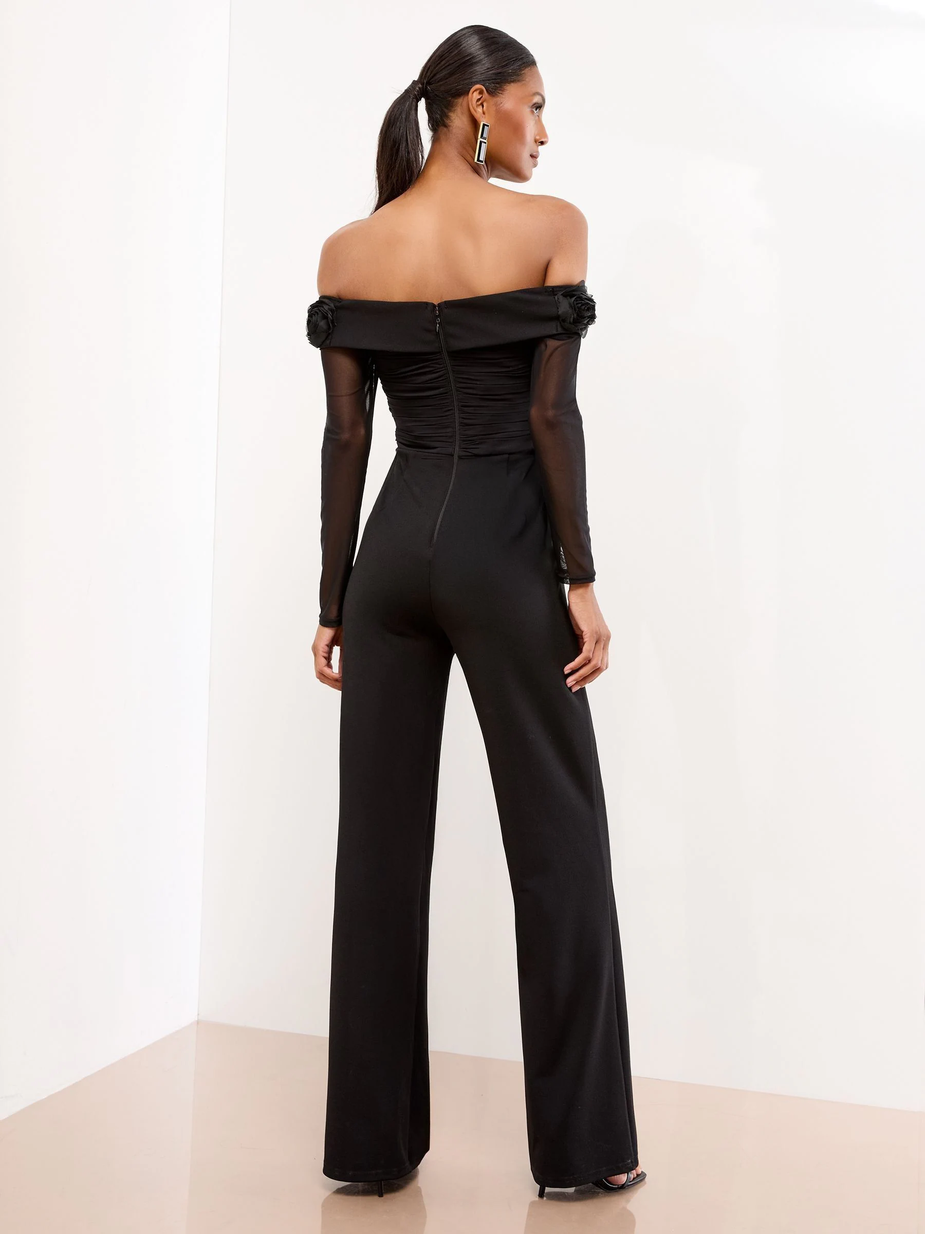 Lipsy Flower 3D Trim Bardot Long Sleeve Mesh Jumpsuit