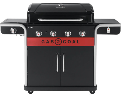 Char-Broil Gas2Coal 440 hybride gasgrill, 155 x 62,9 x 116,8 cm, 4 branders + zijbrander, zwart, inclusief rooster, dekselthermometer, vetopvangbak, grillrooster en warmhoudrek
