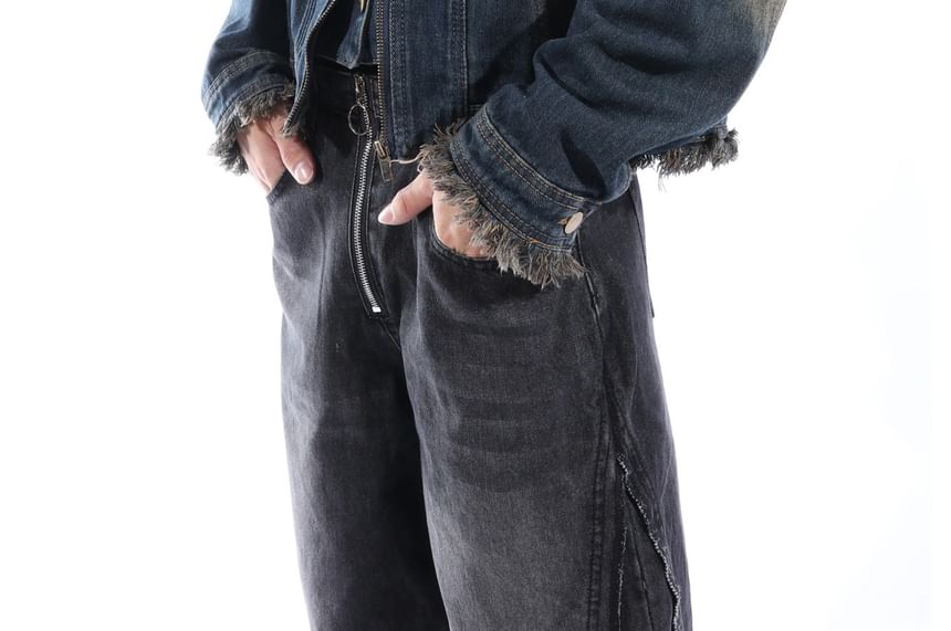 DragonRoad - Gewassen denim jack met gespen en rits