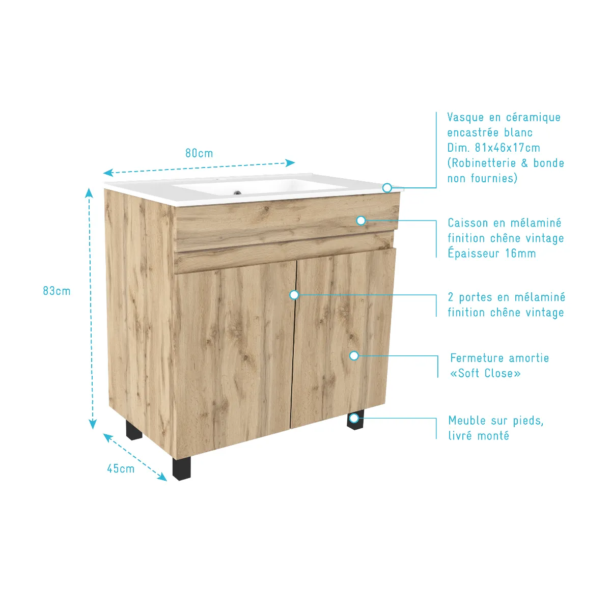 AURLANE TIMBER - Meuble salle de bain 80 cm