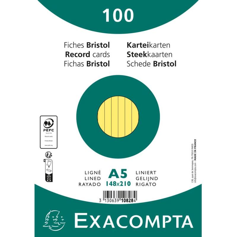 Paquet 100 fiches sous film - bristol ligné non perforé 148x210mm - Jaune