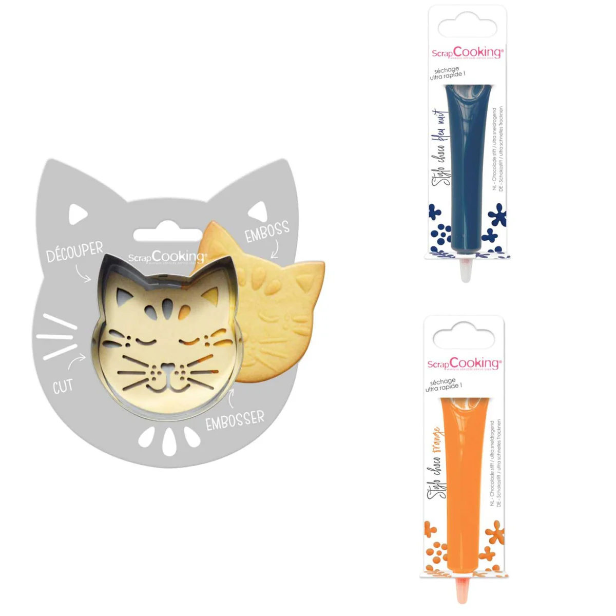 Kit pour biscuit en relief Chat + 2 Stylos au chocolat bleu nuit et or