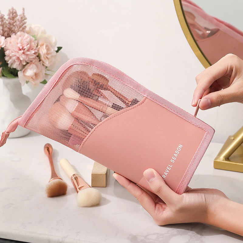 (24x14x14cm) Aufstellbare Kosmetik Tasche Pinsel Necessaire Beauty Make Up Organizer Reisetasche - Rosa