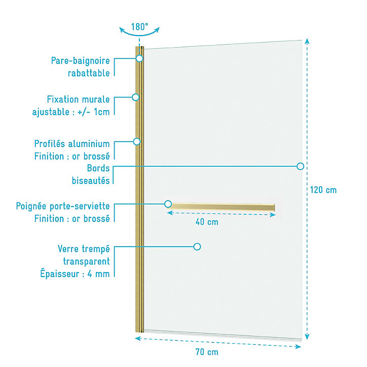 Pare-baignoire rabattable 120 x 70 cm, profilés alu doré brossé, porte-serviette, Galedo Essentiel