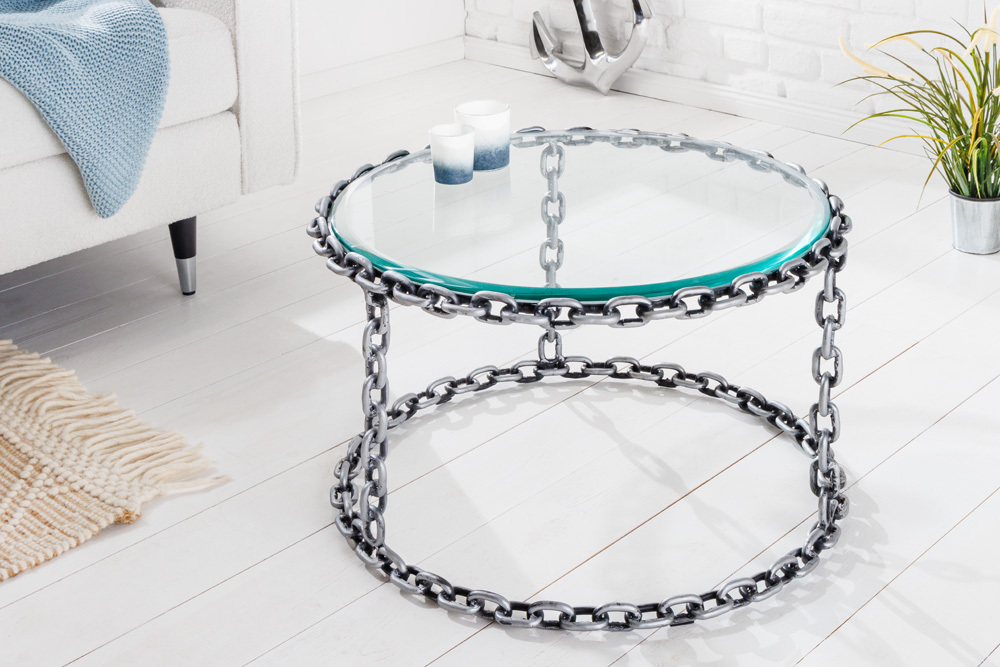 Design Couchtisch CHAINS 65cm silber handmade Metall rund Glasplatte Kettengestell