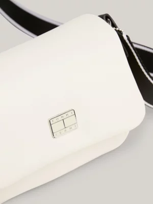 Bolsa transversal pequena com aba e logotipo