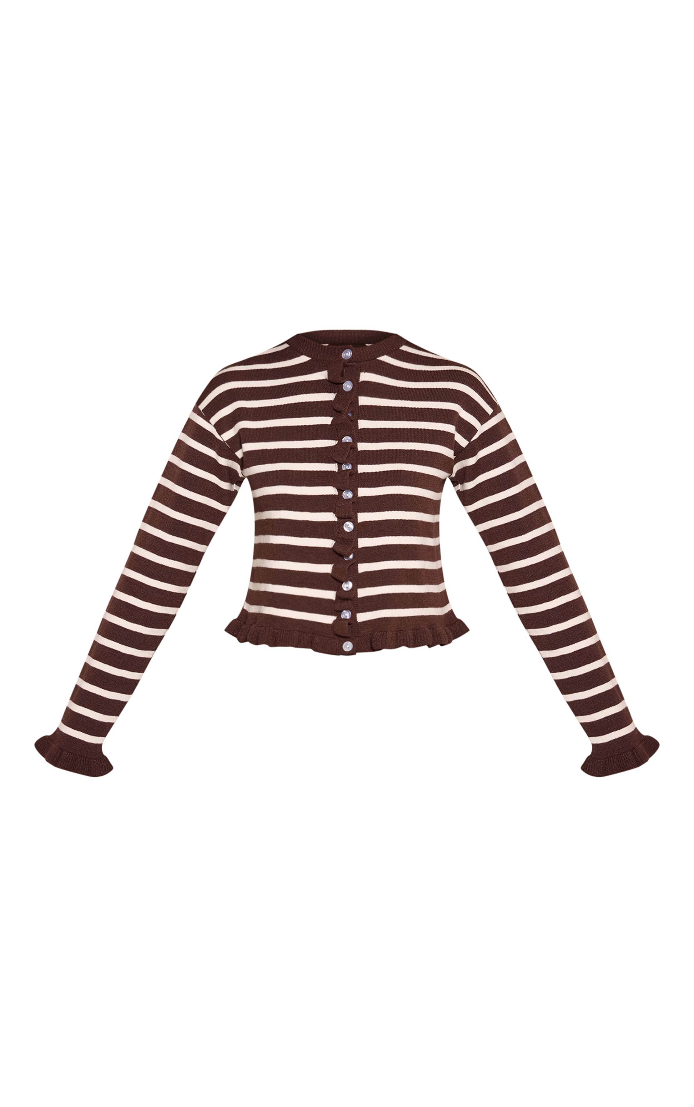 Chocolat Cardigan Tricoté À Rayures Avec Ourlet À Volants