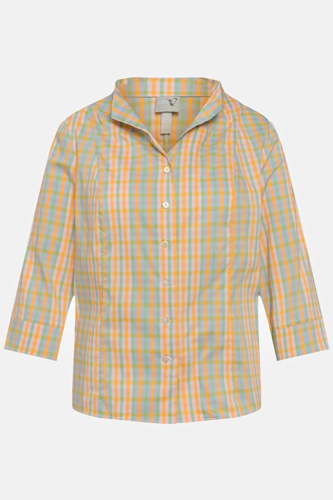 Bluse, Karo, Slim, Kelchkragen, V-Ausschnitt, 3/4-Arm