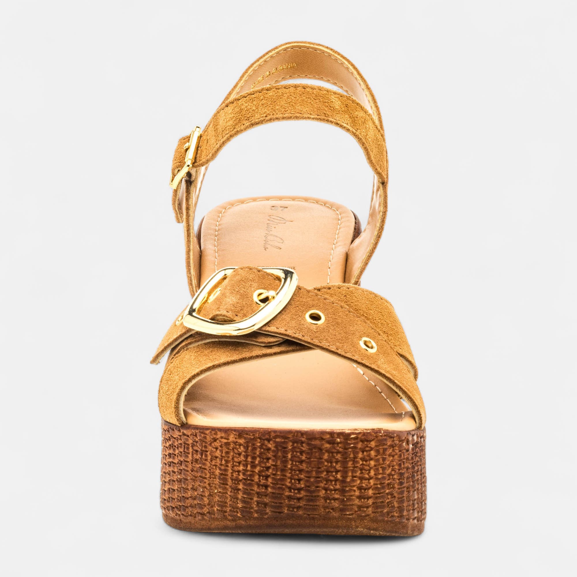 Nu-pieds à talon compensé Femme en cuir camel
