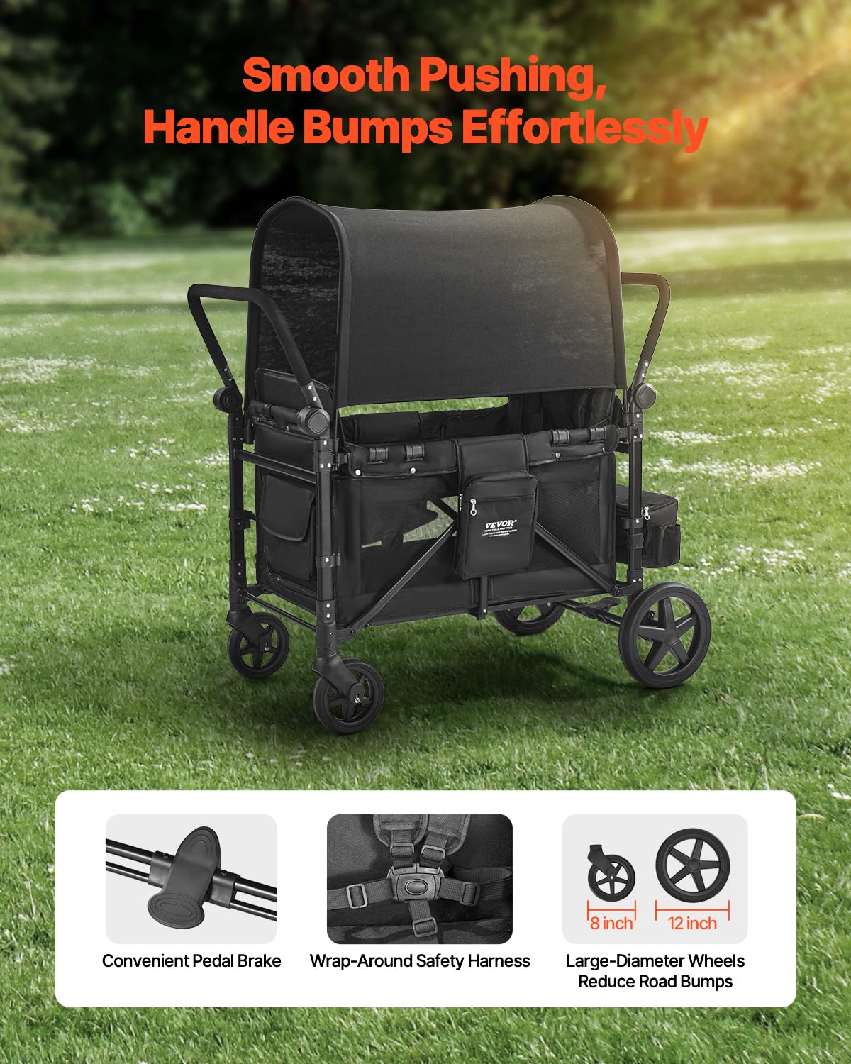 VEVOR Poussette Chariot pour 4 Enfants Pliable à Quatre Roues, Capacité de Charge 150 kg, avec Poignée Réglable, Harnais de Sécurité 5 Points, Auvent Amovible, Poussette 4 Places pour Camping, Noir