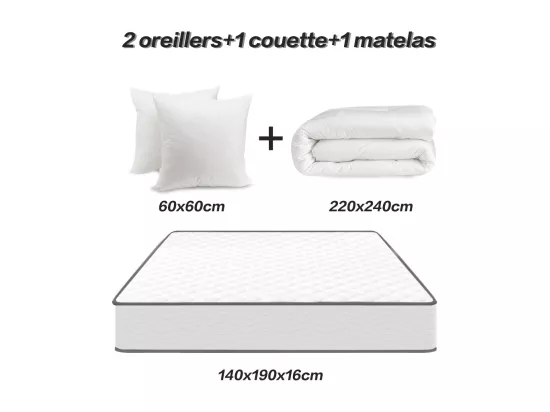 Lit Ensemble Matelas et Sommier 140x190 cm - Matelas 140x190x14cm Mousse avec 1 Couette 220x240 cm et les 2 Oreillers 60x60 cm- Sommier 140x190cm avec Pieds (Deux colis)