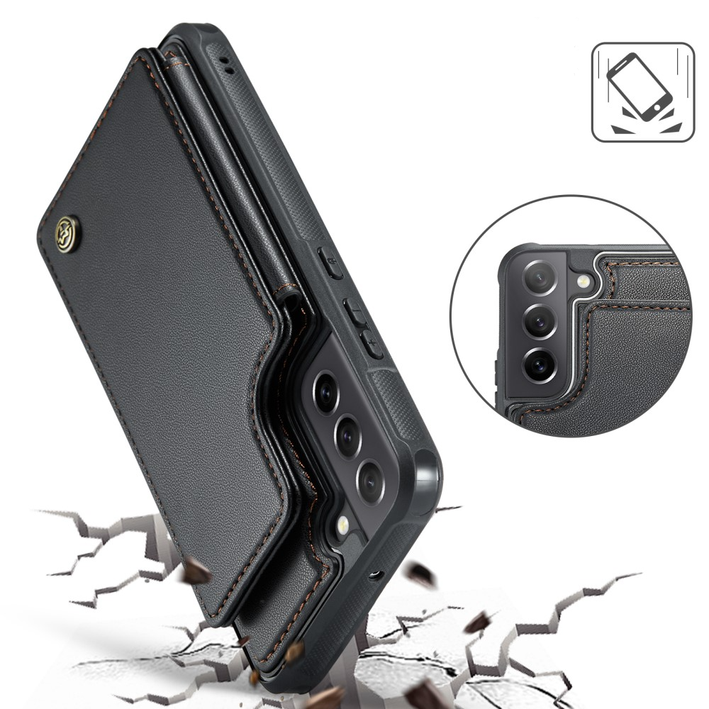 Samsung Galaxy S21 FE 5G Leder Hülle mit Kartenfächern im Litchi Look   Kickstand (RFID Schutz) - Schwarz
